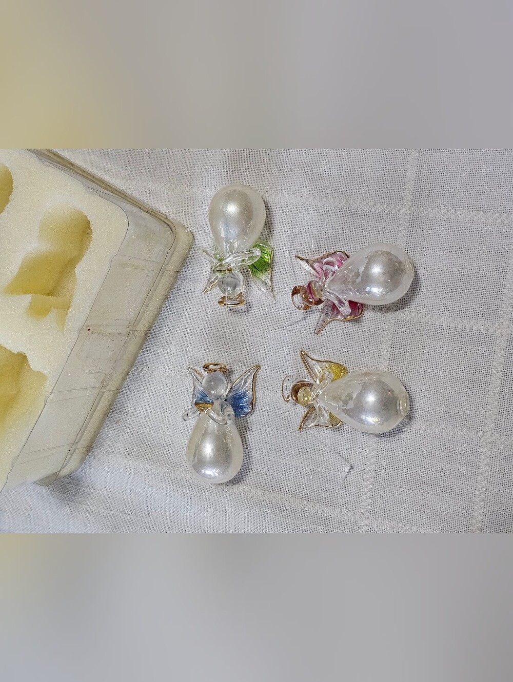 Vintage Glass Angel Christmas Ornaments Set of 4 Pearl Pastel Wings Crystal Gems